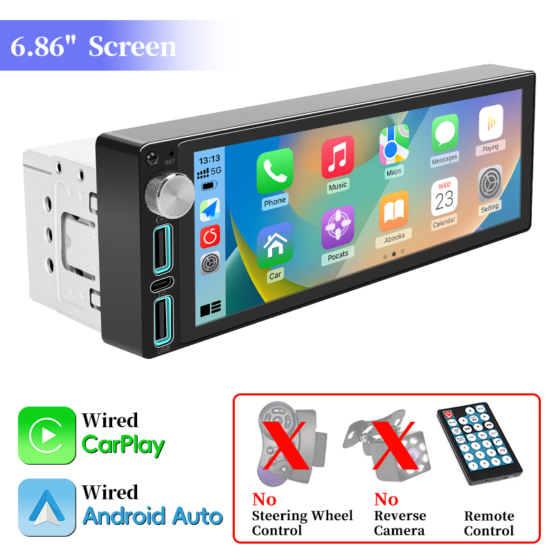 Rádio automotivo 6.86 polegadas carplay android auto 1din reprodutor estéreo de carro vídeo multimídia com bt fm usb tipo-c carga espelho link: Preto