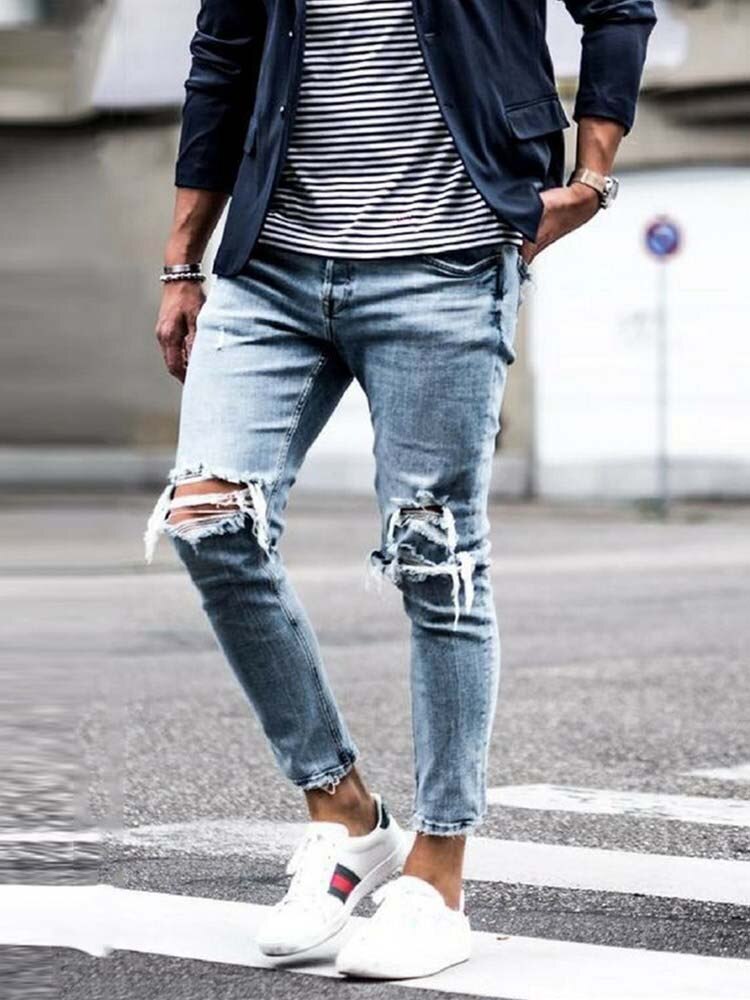 Men Jeans Streetwear Knee Ripped Skinny Hip Hop Estroyed Hole Pants Solid Color Male Stretch Casual Denim Big Trousers