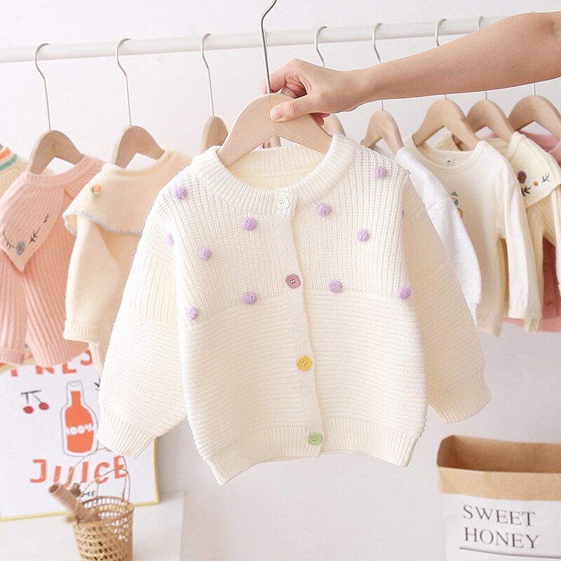 Lapsi tyttövauva neulottu toppi syksy talvi pusero neuletakki pitkähihainen rento pehmopallot joustavat napit lämmin puuvillapusero 0-5y: Beige / 4t