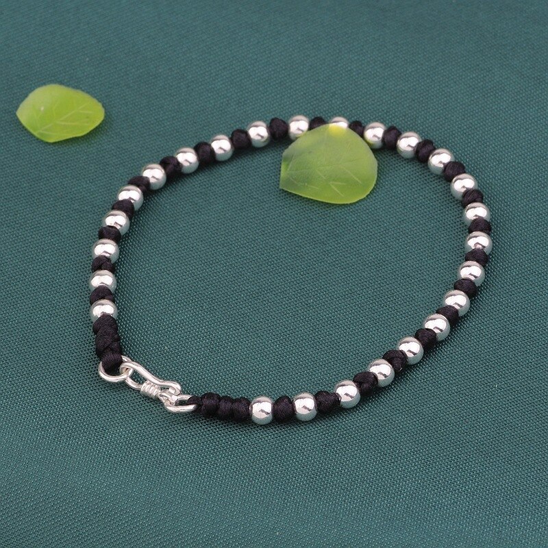 Cuerda de pulsera negra de cuentas de color plata de ley 925 hecha a mano, cuerda trenzada de la amistad, pulsera de la suerte para mujeres, hombres y parejas