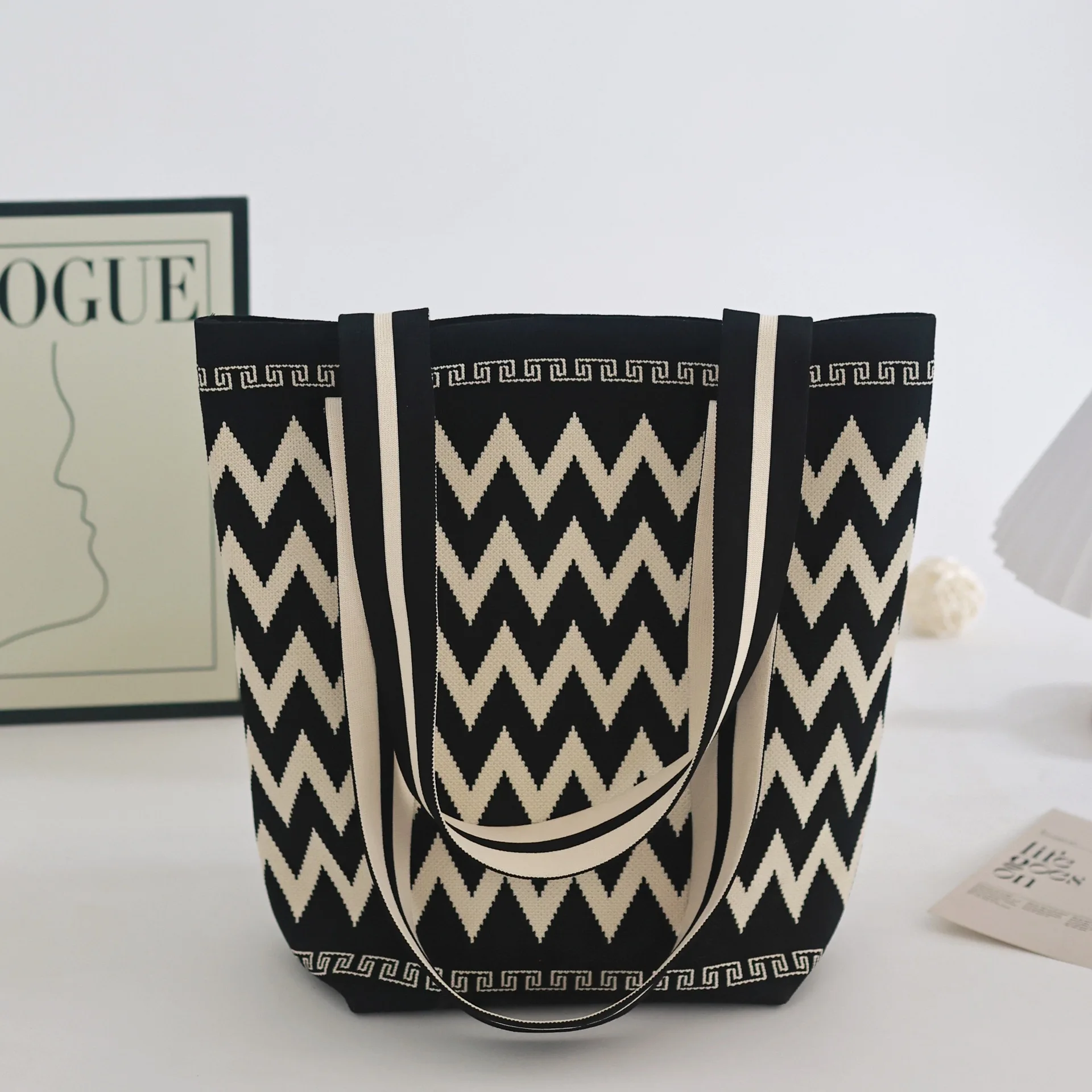 Bolso tipo cubo de punto de alta gama, bolso de hombro para mujer, bolso de de gran capacidad, estilo minimalista Neutral, fibra de poliéster