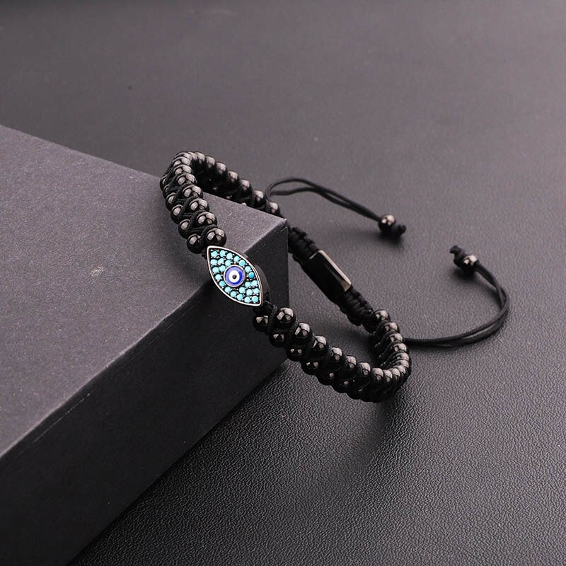 Women Men Bracelet Stainless Steel Beads Blue CZ Eye Charm Braided Macrame Beaded Friendship Bracelet Lucky