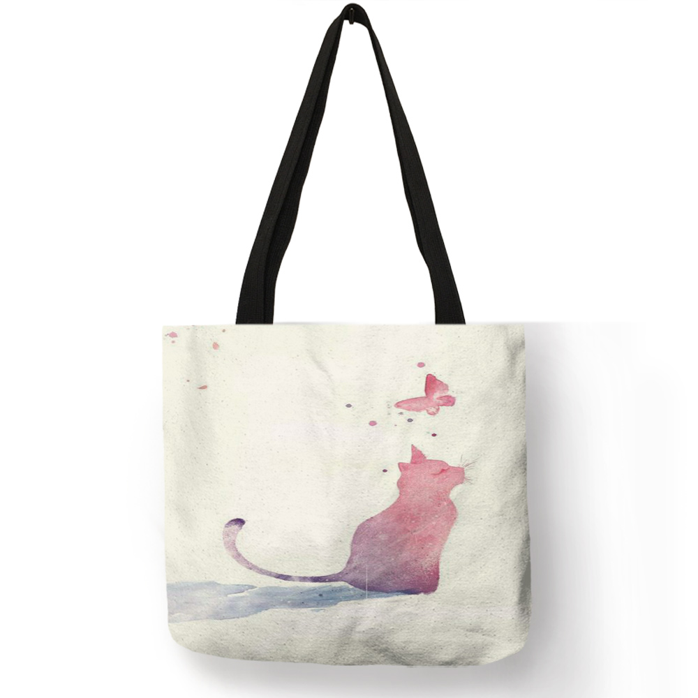 Bolsos de mano pintados a mano con acuarela para mujer, bolso de hombro con estampado Floral de gato bonito, bolso de mano para oficina, bolsos de compras informales diarios: 008