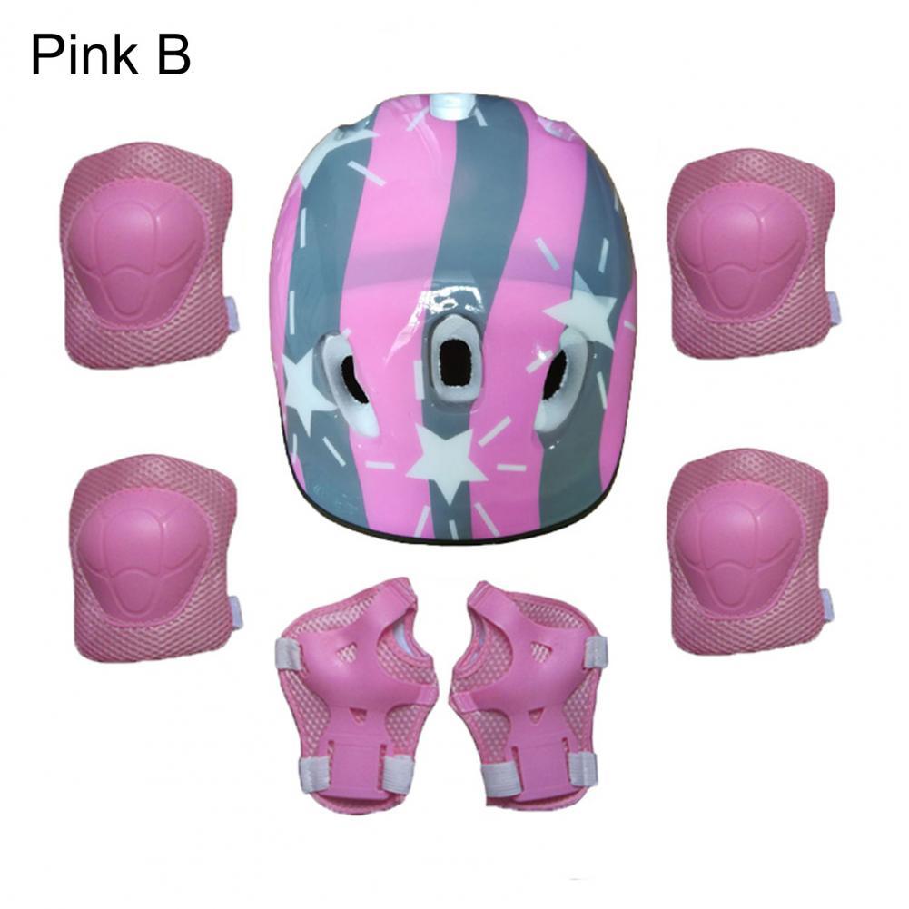 7 pz/set bambini sicurezza ginocchiere resistenti all&#39;usura gomitiere assorbimento del sudore accessorio ciclismo casco ginocchio gomito Set per l&#39;equitazione: Pink B