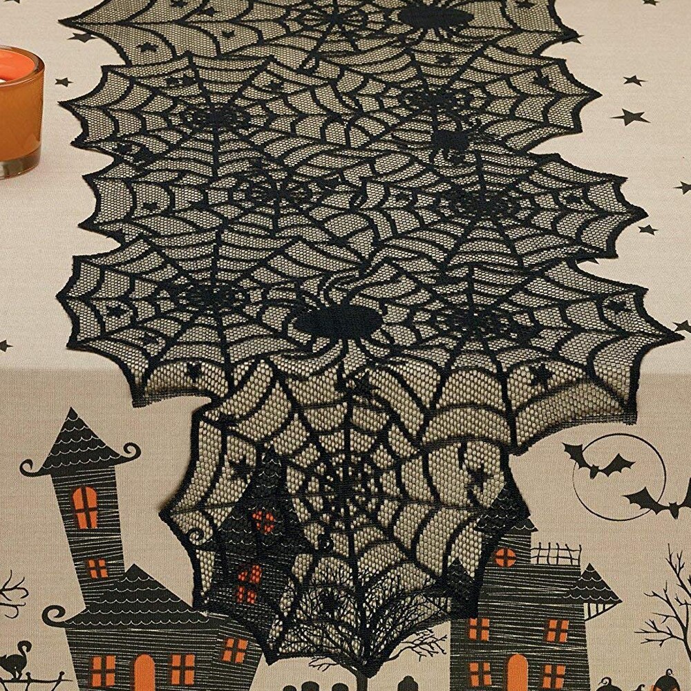 2 stk halloween dekorasjon blondere edderkoppnett skjelett hodeskalle fest duk svart peis mantel skjerf ordning dekorasjon rekvisita