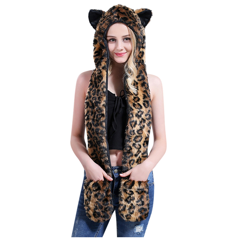 Women Faux Fur Hood Animal Hat Ear Flaps Hand Pockets Set Animal Hood Hat Wolf Plush Warm Animal Cap with Scarf Gloves