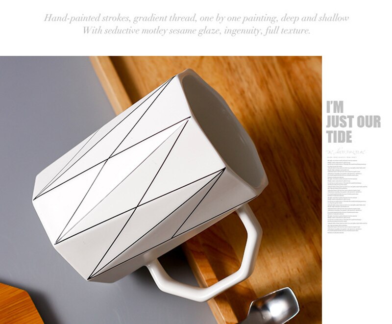 Taza geométrica mate creativa con tapa de bambú, cuchara de metal, tazas de cerámica de línea, para microondas Vaso de Leche, artículos para beber para el hogar y la Oficina, 400ml