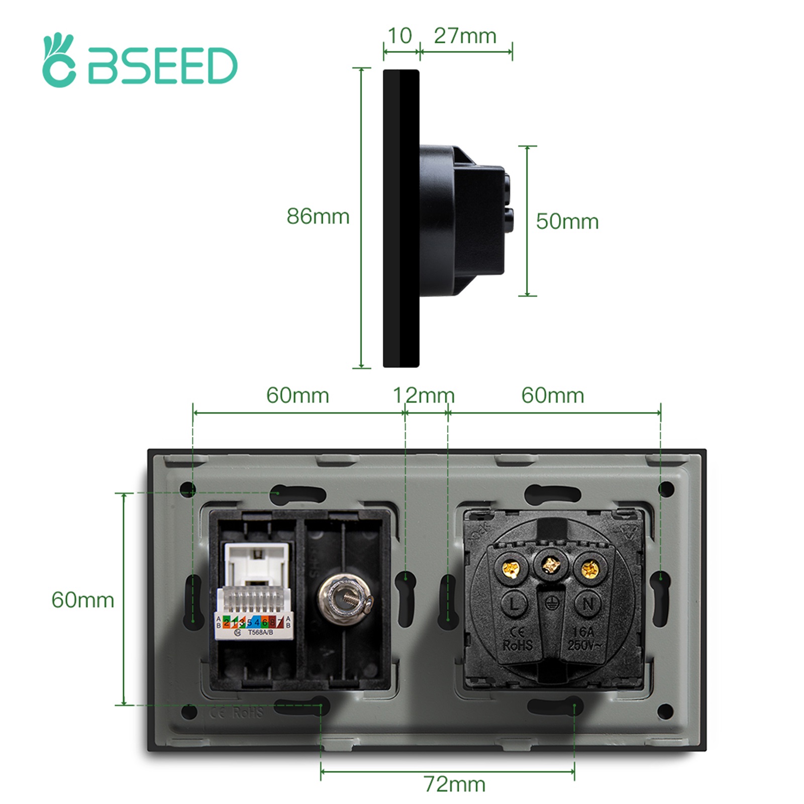 BSEED TV CAT5 With EU Socket Double Wall Sockets TV Internet RJ45 PC Connections Type-c USB Electric Sockets Glass Frame