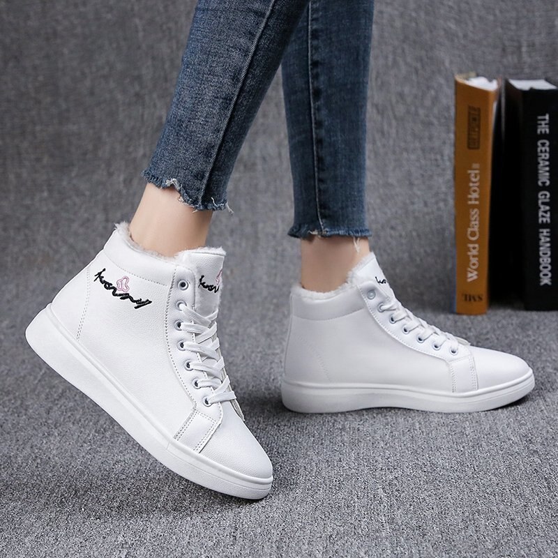 Damesschoenen winter dameslaarzen warme bont pluche dames casual schoenen veterschoenen sneakers dames platform sneeuwlaarzen: Wit / 40