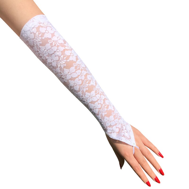 1 par långa spetshandskar sexigt blommönster damhandskar arm armbågshandskar armbågshandskar fingerlösa handskar vantar: Vit