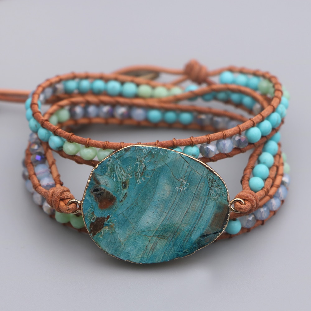 EDOTHALIA-pulsera de cuero con abalorios de piedra de mar para mujer y niña, brazalete de Amistad bohemio tejido a mano, Azul grande