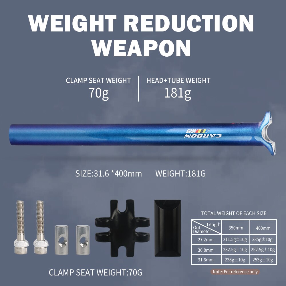 TOSEEK Carbon Seatpost dazzle Blue to purple Mtb Seatpost Offset 0mm Bike Seatpost Carbon 27.2/30.8/31.6mm Bicycle Seat Post