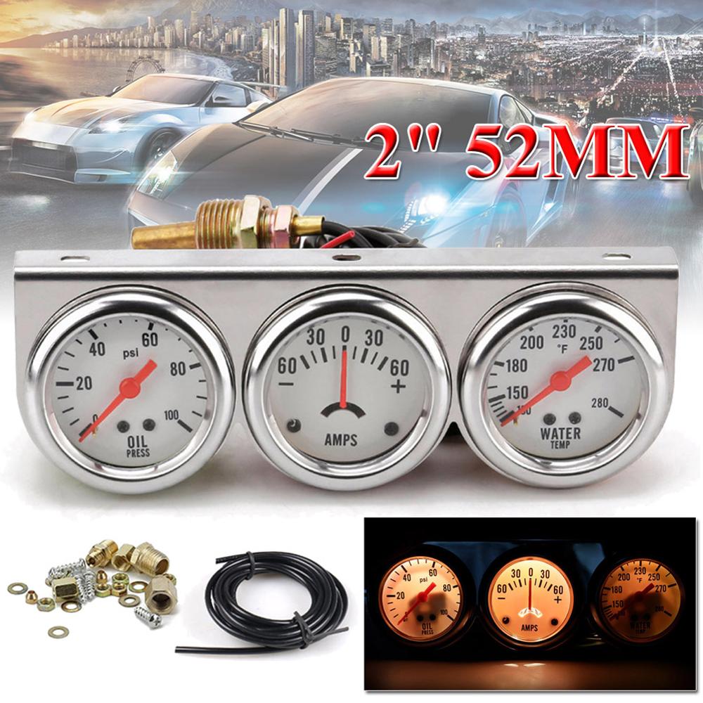 2 inch Chrome Panel Oil Pressure gauge Water Temp gauge Amp Meter Triple Gauge kit Set White Face Car meter