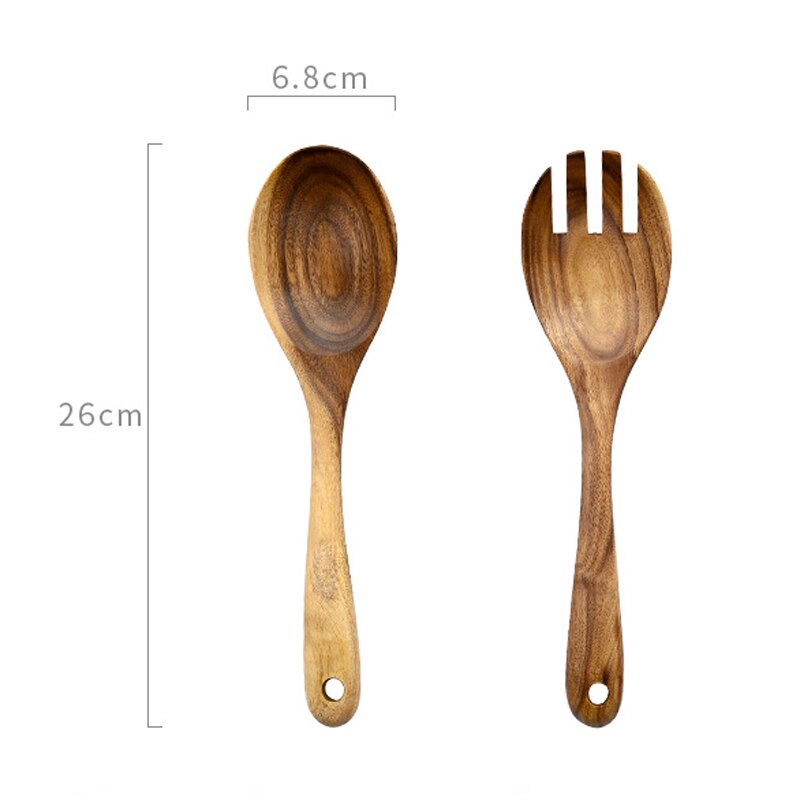 Natuurlijke Houten Lepel Vork Grote Soep Lepel Salade Opscheplepel Vork Set Lange Steel Lepel Houten Servies Keuken Houten Gebruiksvoorwerpen: 1 Spoon 1 Fork