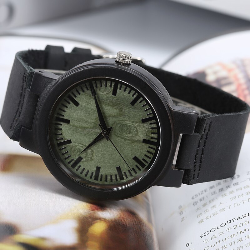 Houten horloge uniek geelgroene wijzerplaat polshorloge kwarts leren houten horloge heren dames romeinse cijfers casual klok
