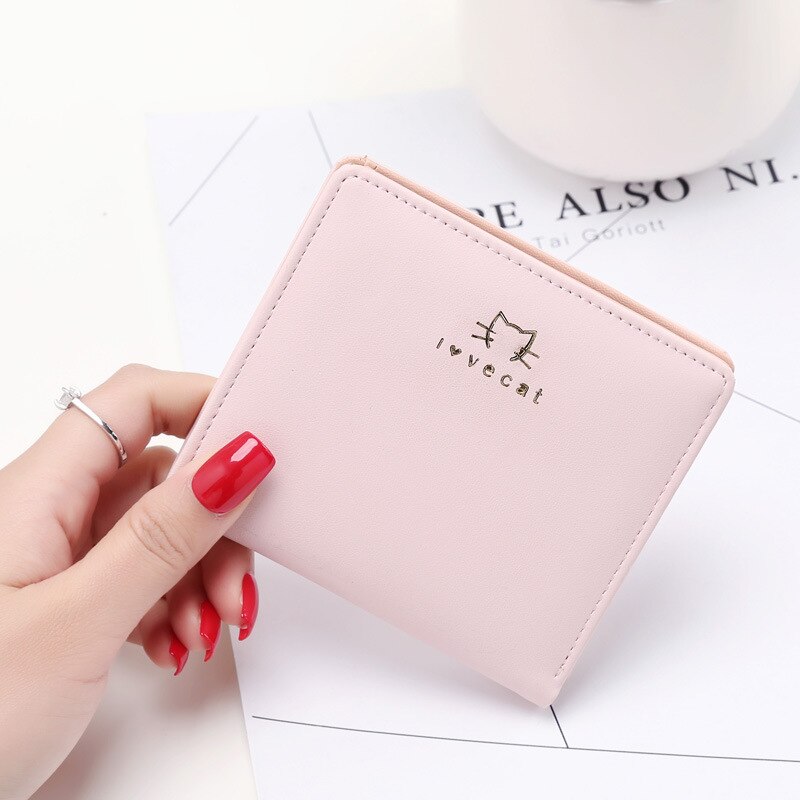 Cartera de PU para mujer, pequeña, pequeña, bonita, bonita, fresca, para estudiante, doble pliegue, pequeña, fina, cartera, bolsillo, cambio monedero, tarjetero