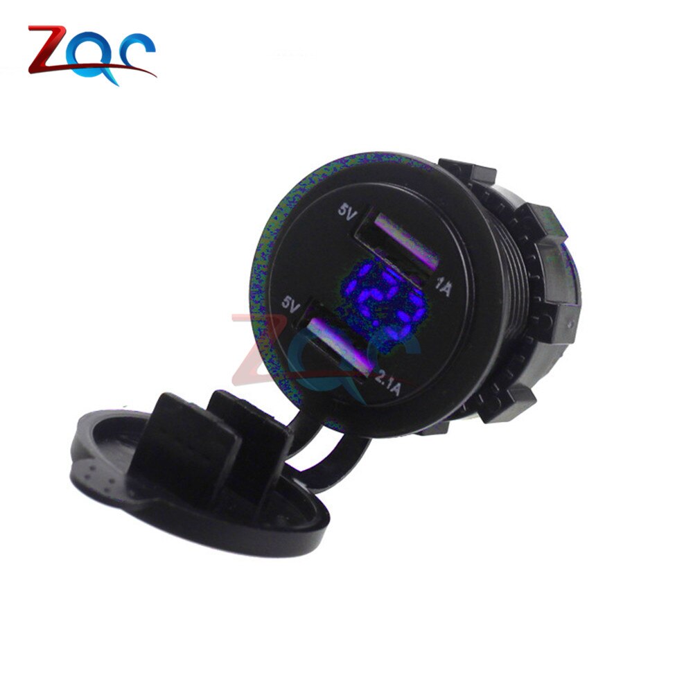 Dual USB Port Car Charger Cigarette Lighter Socket Plug LED Digital Voltmeter Waterproof Mobile Phone Smart Charging Adapter: Blue