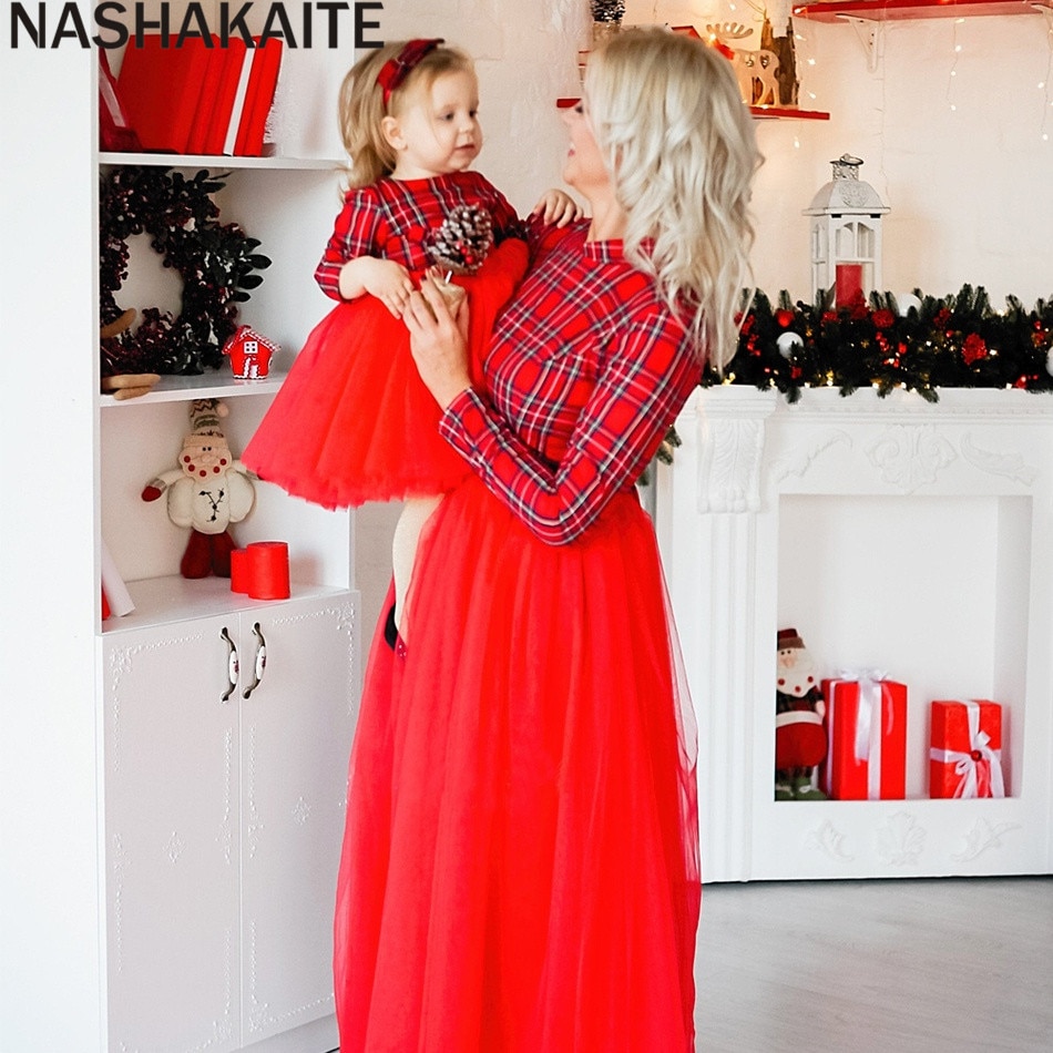NASHAKAITE Mother Daughter Dresses Plaid Stitching Mesh Hem Long-sleeve Matching Dresses Autumn Winter Mommy and me clothes