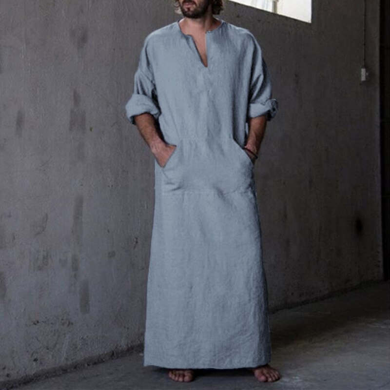 Mannen Islamitische Kaftan Katoen Lange Robe Dress Lange Mouwen Pockets V-hals Lounge Mannen Islamitische Arabische Kaftan Lange Pyjama Gewaad 5XL