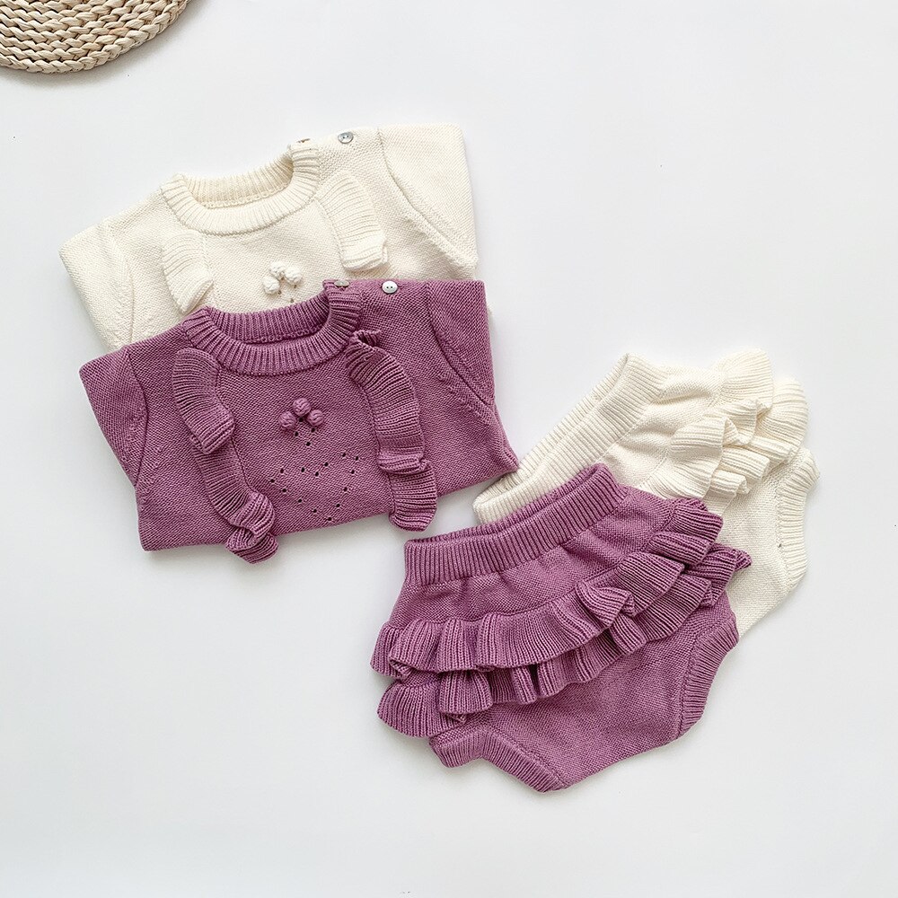 Baby flickor tröja stickad nyfödd baby kläder set volanger spädbarn jumpsuit småbarnströja med byxa för flicka pojke kläder set