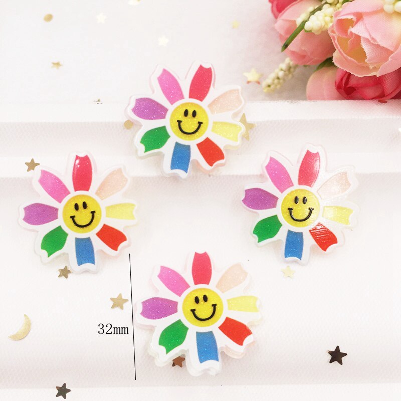 Kawaii Smile Colorful Glitter Sunflower Flat Back Acrylic Sheet Miniature Pattern Applique DIY Wedding Christmas G05: 32mm 6pcs