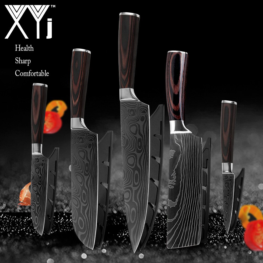 Japanse Keuken Mes Set Mes Covers Uitbenen Brood Eviscerate Gesneden Fruit Scherpe Nut Santoku Damascus Patroon Koken: 5 Pcs  Value set