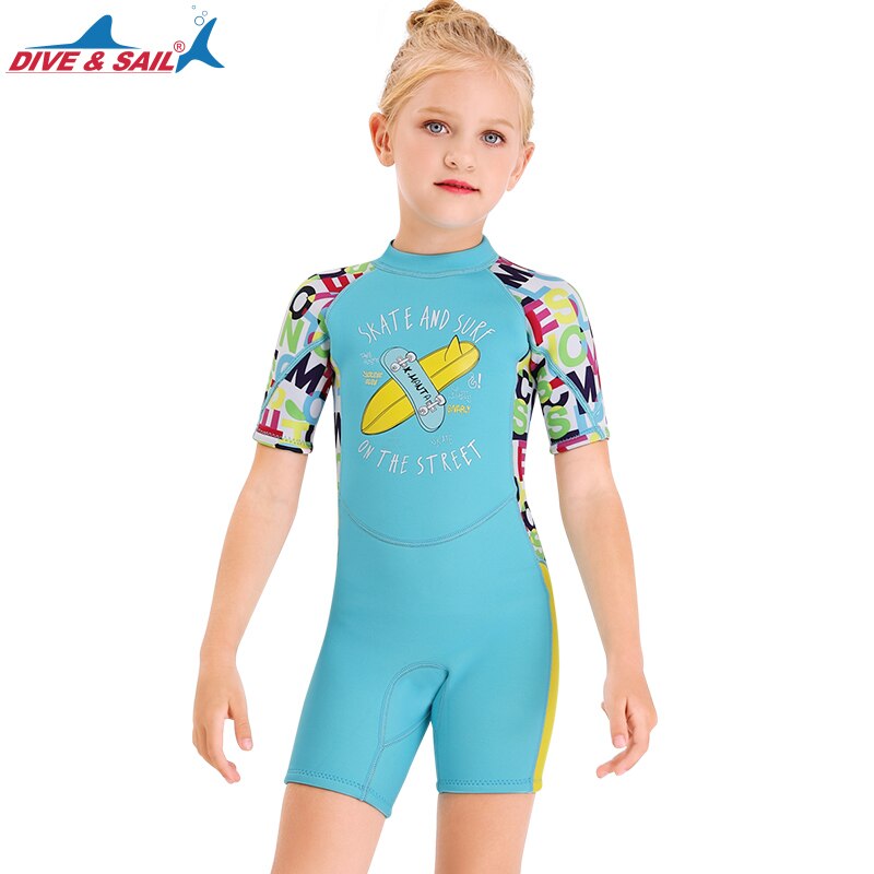 1set diving suit for kids 2.5mm Neoprene Shorty Wetsuit Swimming Boys Girls Sunscreen Surfing Scuba Diving Wet Suit Snorkeling
