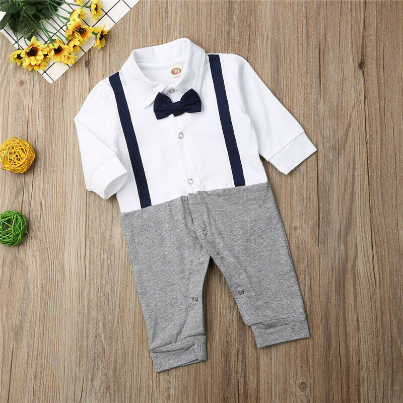 Kids Baby Jongens Gentleman Kleding Lange Mouw Knop Katoen Strik Jumpsuit Romper Herfst Outfits 0-24M