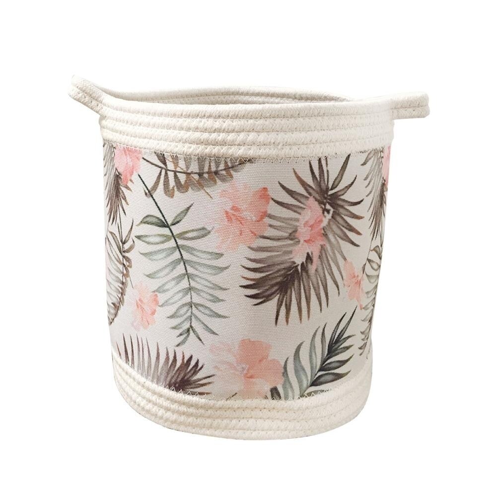 Nordic Green / Grey Leaf Cotton Rope Storage Basket Tropical Flowers Woven Finish Baskets Foldable Sundries Organizer Bucket: S / Grey