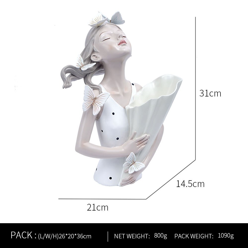 Kreatywna skandynawska moda motyl dziewczyna trzyma kwiat kwiat z żywicy kwiatek doniczkowy układ wazon suszony kwiat kwiat sztuka miękki deco: biały