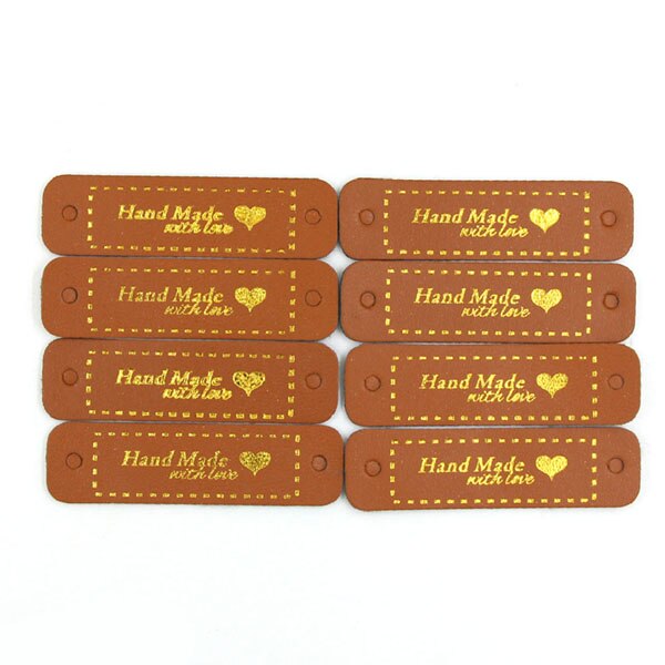 50 st 56 x 15mm etiketter bruna/svarta/vita etiketter handgjorda hjärtmönster läderetikett gjord med kärlek gör det själv kläder sytillbehör: Brun