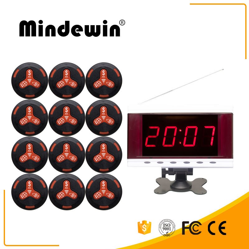 Mindewin draadloos oproepsysteem voor restaurants pager 12 stuks mk -3 oproepknoppen en 1 stuk mr -2 led-display toont 1 groepsnummer: Zwart rood