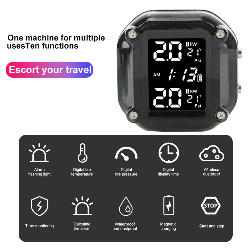 LEEPEE Motorcycle TPMS Motor Tire Pressure Monitoring Alarm System LCD Display Tyre Temperature With 2 External Sensors
