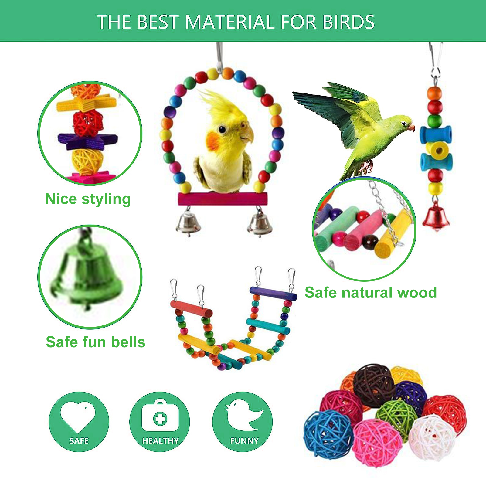 Juego de 16 paquetes de juguetes para loros, variedad de juguetes para jaula de pájaros, accesorios seguros y duraderos, juguetes para pájaros para cacatúas, periquitos