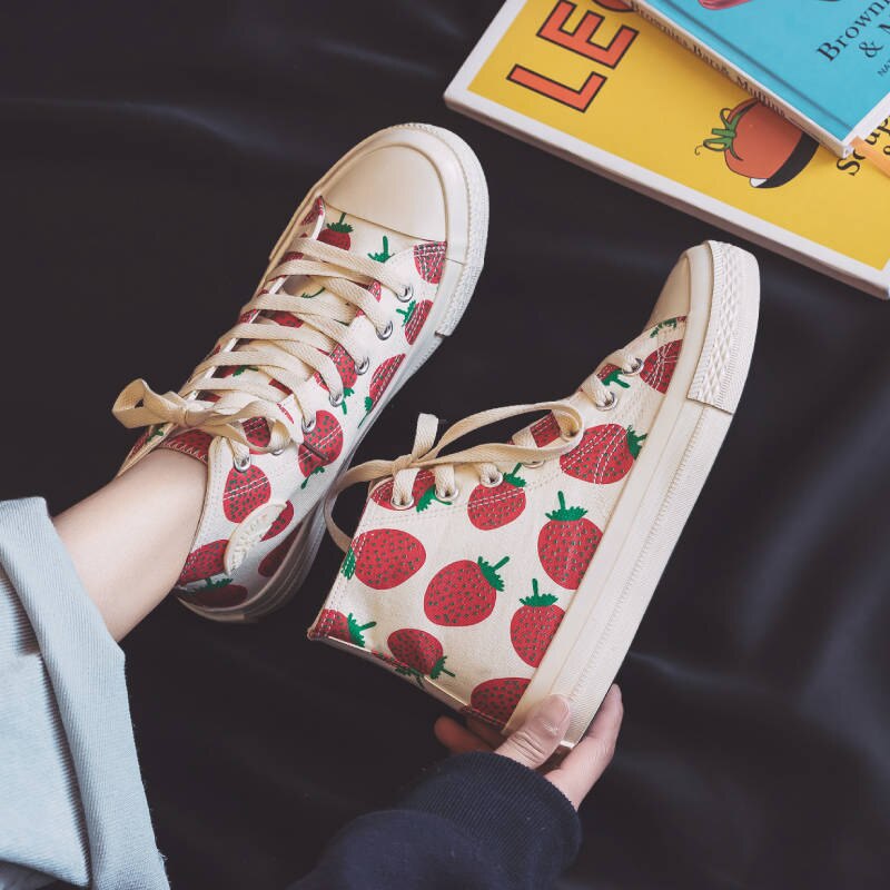 Vangull Lente Womens Aardbei Canvas Schoenen Hoge Top Wilde Studenten Schoenen Lage Top Zusters Snoep Schoenen Platform Sneakers