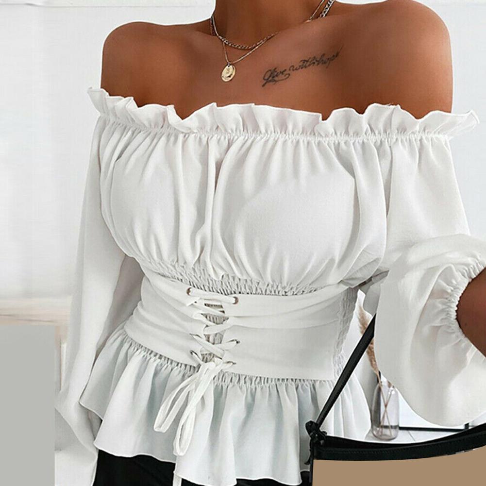 Kvinnor skjortjacka kappa höst casual enfärgad långärmad volang nederkant off shoulder toppblus