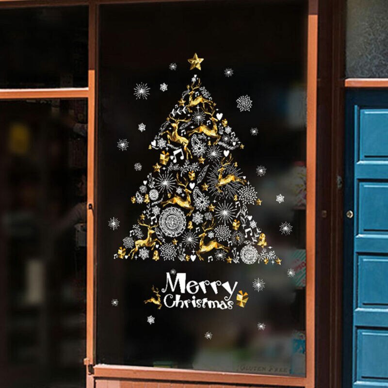 90cm glædelig jul vindue træ klistermærker skinnende guld xmas træ vinyl vinduer mærkat pvc vindue klistermærke dekoration