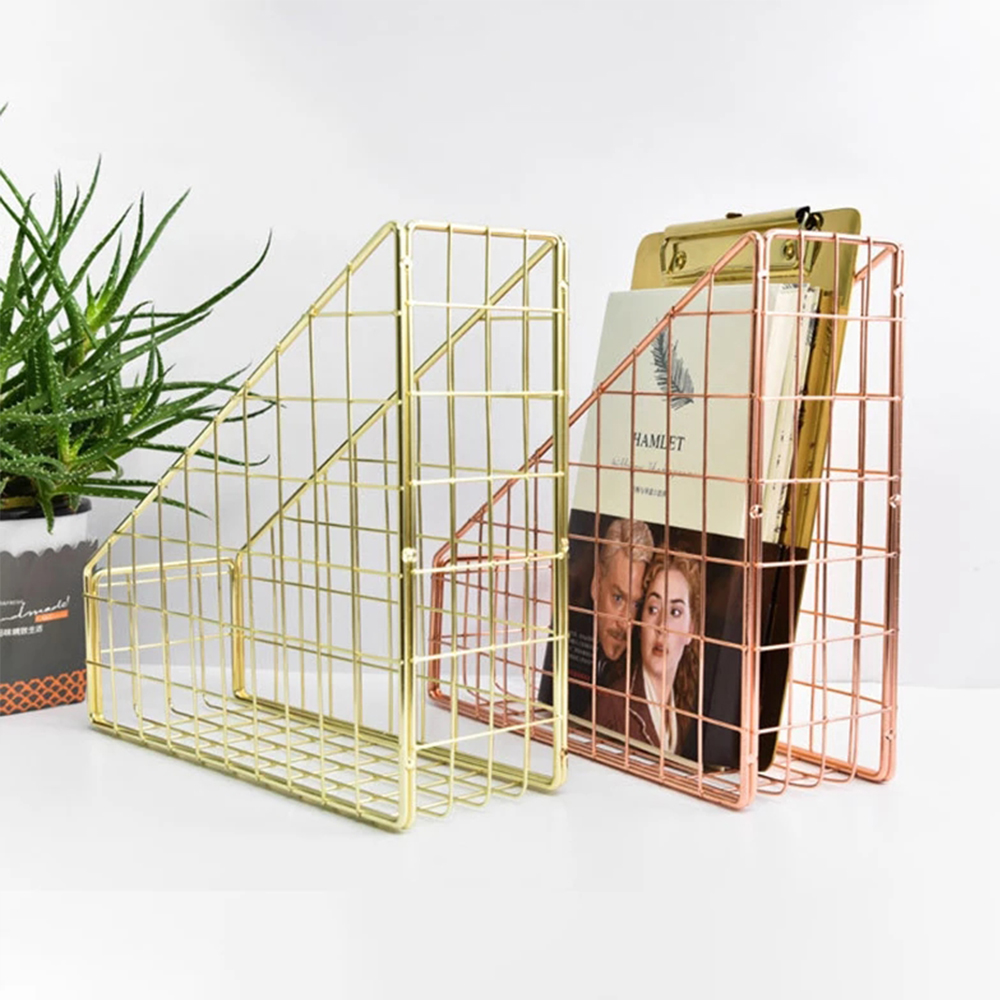 Nordic Magazine Newspaper Organizer Metal Stackable Storage Basket Frame Rack Office Desktop Rose Gold A4 Paper Finishing Basket