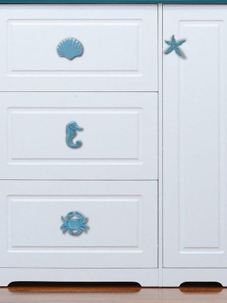 Gancho de porta estilo antigo para armário, quarto infantil mediterrâneo azul vintage, arte para caranguejo, concha, maçaneta, gaveta, armário