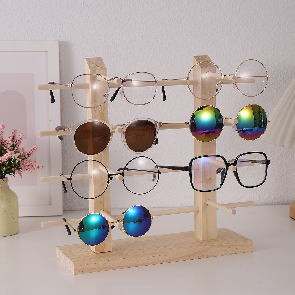 Estantes de exhibición de gafas de sol de madera multicapa, soporte de exhibición para gafas, soporte de joyería para múltiples pares, escaparate de gafas para mujer