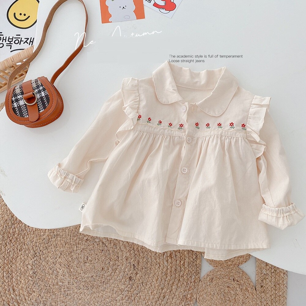 Herfst Kinderen Kids Lange Mouwen Revers Kraag Borduurwerk Bloemen Ruches Casual Prinses Party Shirts Meisjes Blouse Tops