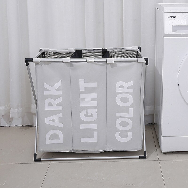 Collapsible Dirty clothes laundry basket Three grid bathroom laundry hamper Organizer home office metal storage basket: beige white 3 grid