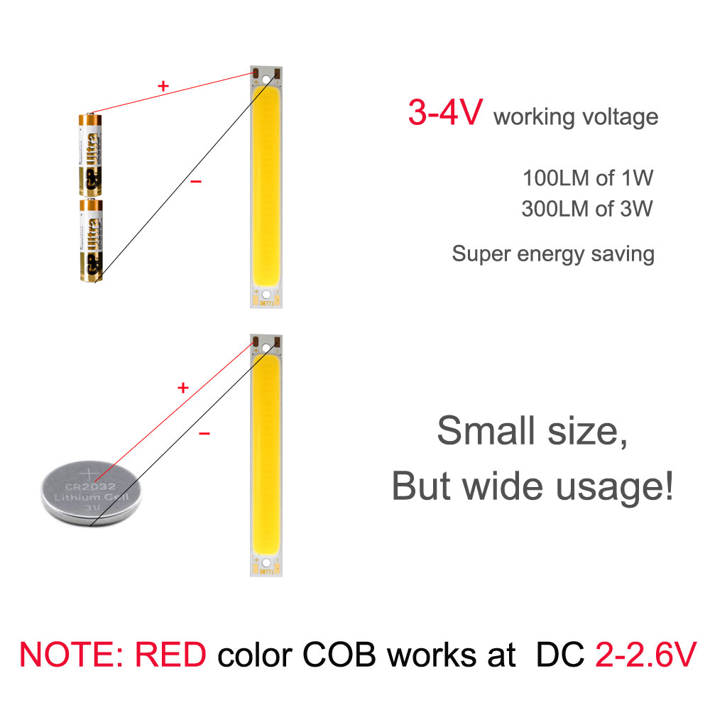 60x8mm 2V 3V bombilla LED COB tira 3,7 V Chip a bordo blanco frío cálido Color azul rojo 1W 3W luces LED COB lámpara de trabajo