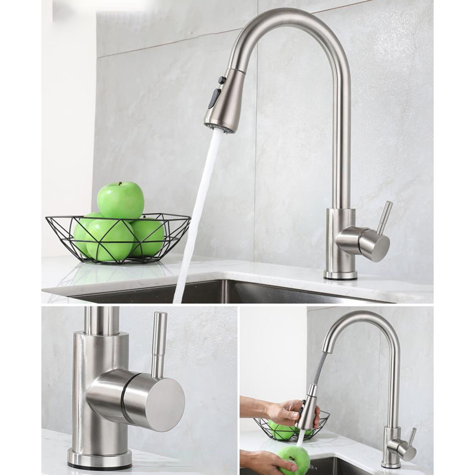 Smart Touch On Kitchen Faucet Sensor 360 Rotation Pull Out Single Handle Mixer Tap Two Water Modes Sink Crane Cold: Silver E