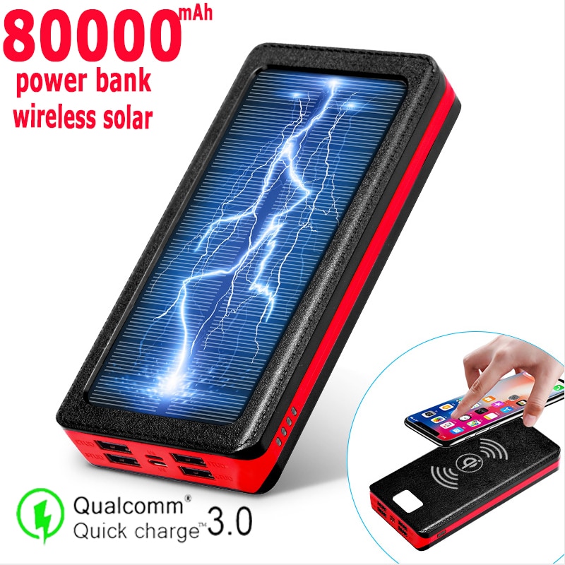 80000mAh Solar Wireless Power Bank Portable Charger with Large Capacity 4usB External Battery Fast Charging for Xiaomi IPhone