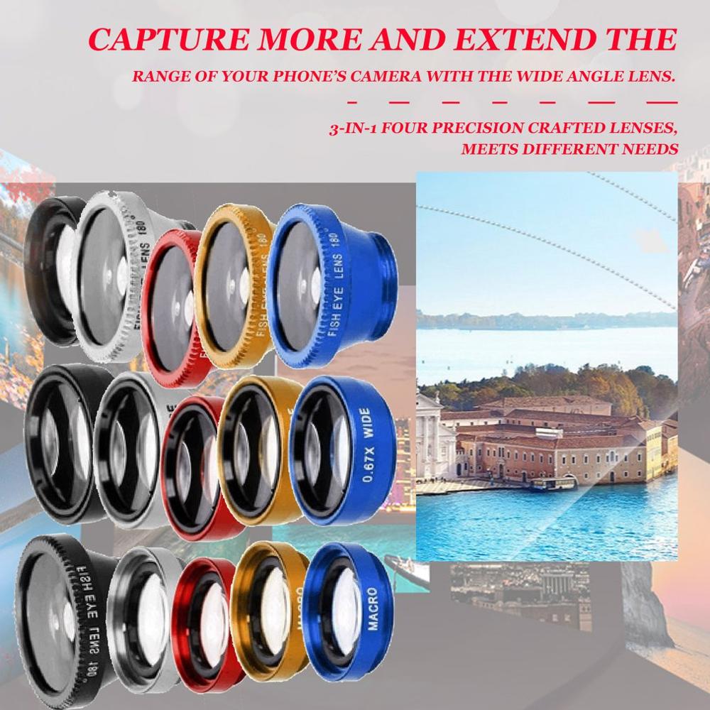 Colorful 3-in-1 Multifunctional Phone Lens Kit Fish Lens Macro Lens Wide Angle Lens Transform Phone Into Camera