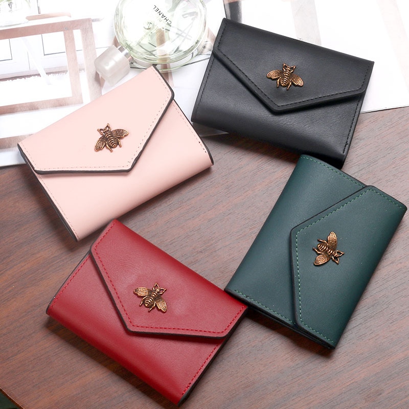 Bee Wallet Women Short Tri-Fold Small Purse Card Case Simple Ladies Female Style PU Leather