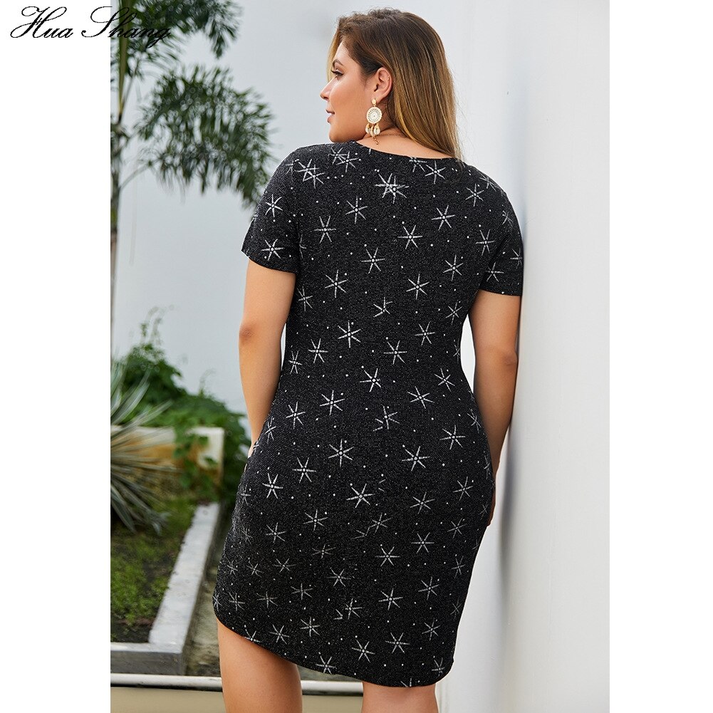 Plus size kvinder kjole sommer kortærmet stjerneprint slim bodycon blyantkjole knælang dame tunika kjoler