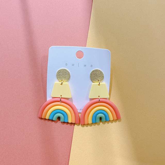 AOMU Ethnic Boho Gradient Ceramic Clay Rainbow Color Arched Colorful Line Handmade Long Dangle Earrings for Women Jewelry: 5