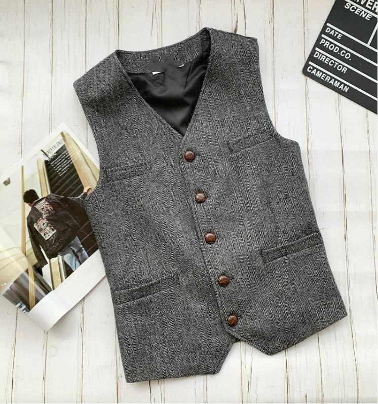 British Style Vest Men's Slim Suit Vests Woolen Cloth Herringbone Men Male Tweed Suits Waistcoat Autumn Winter Vintage: Gray / S